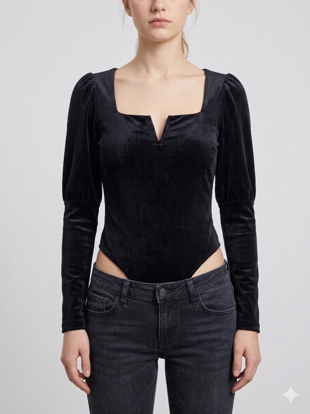 Shinestar Medium Black Corduroy Texture Long Sleeve Bodysuit Square Neck Notch